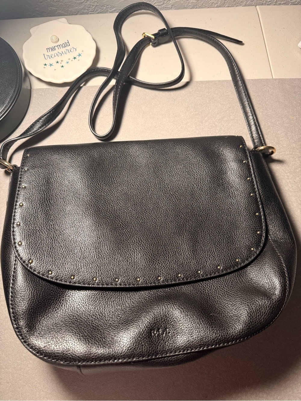 Polo by Ralph Lauren Black Pebbled Leather Crossbody with Stud Trim
